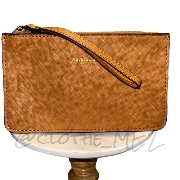 KATE SPADE - Leather Wristlet Pouchette, brown/light fawn color - Picture 3 of 14